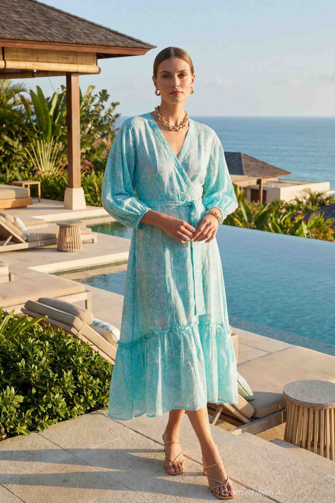Alessandra Wrap Dress - Aqua-Floral - Dresses