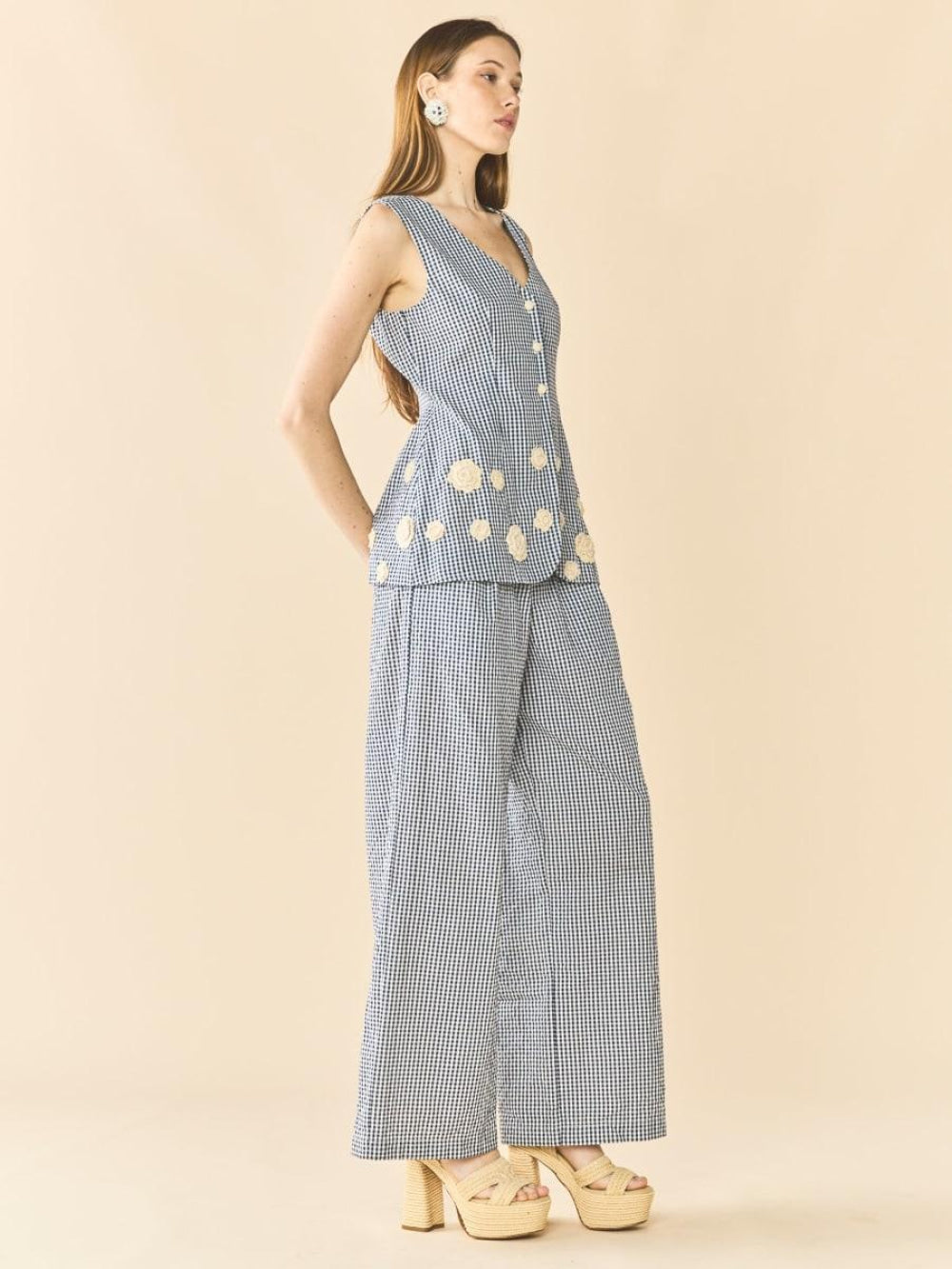Alexa Top x Rainey Collaboration - Navy Gingham with Cream Crochet Appliqué - FINAL SALE - Vest