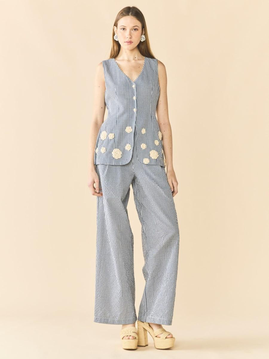 Alexa Top x Rainey Collaboration - Navy Gingham with Cream Crochet Appliqué - FINAL SALE - Vest