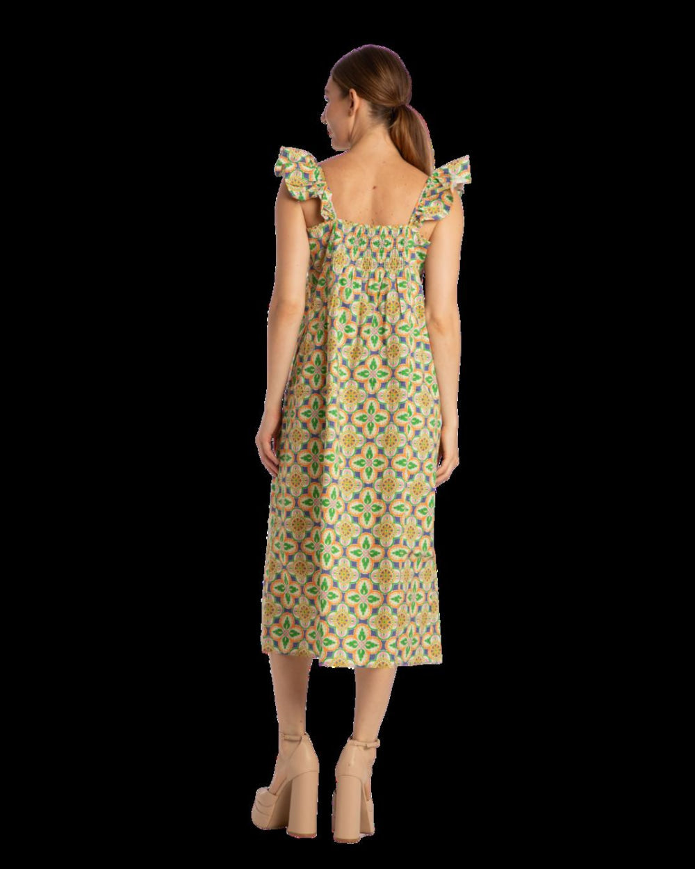 Ali Ruffle Square Neck Dress - Mosaic Tile - Dresses