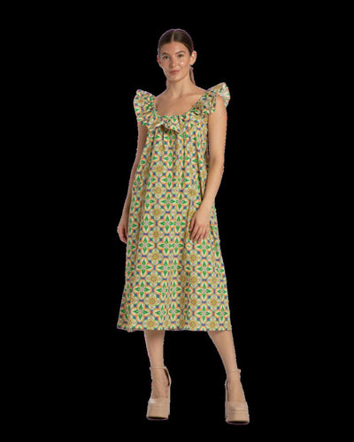 Ali Ruffle Square Neck Dress - Mosaic Tile - Dresses
