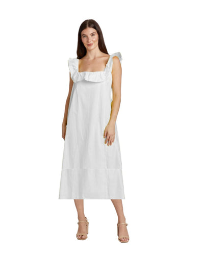Ali Ruffle Square Neck Dress - White - Dresses