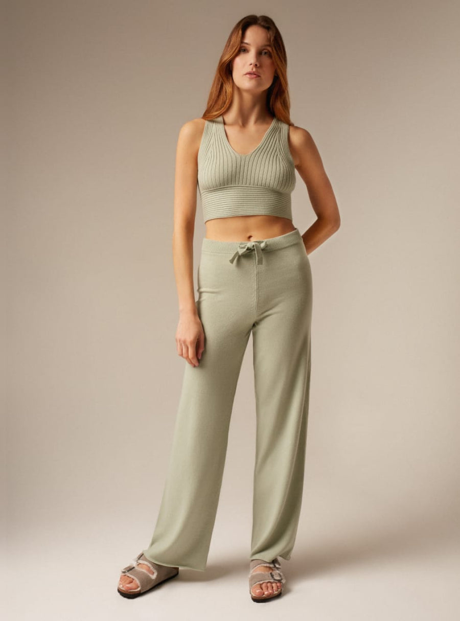 Amaya | Cashmere Wide Leg Trousers - Sage - Trouser