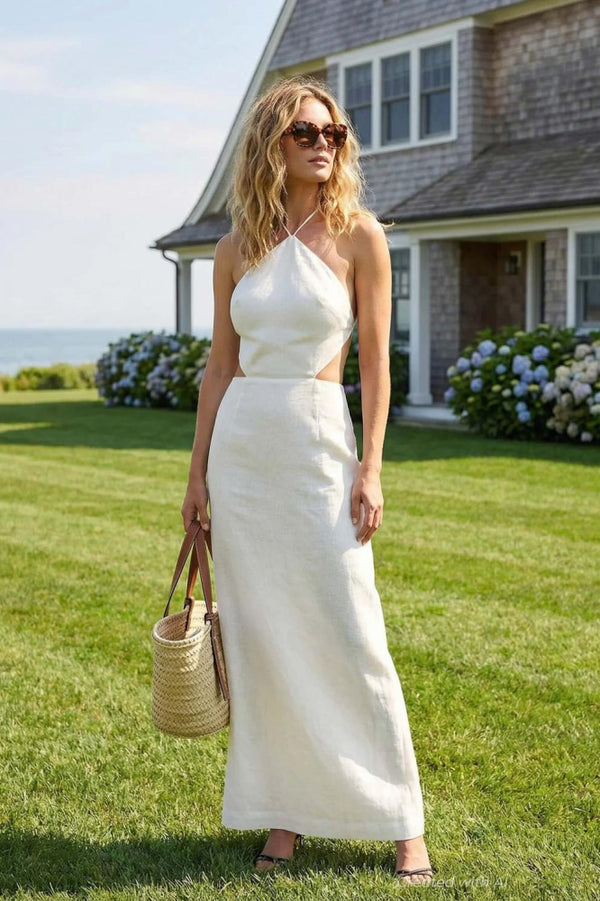 Anne Openback Linen Dress - White - Dresses