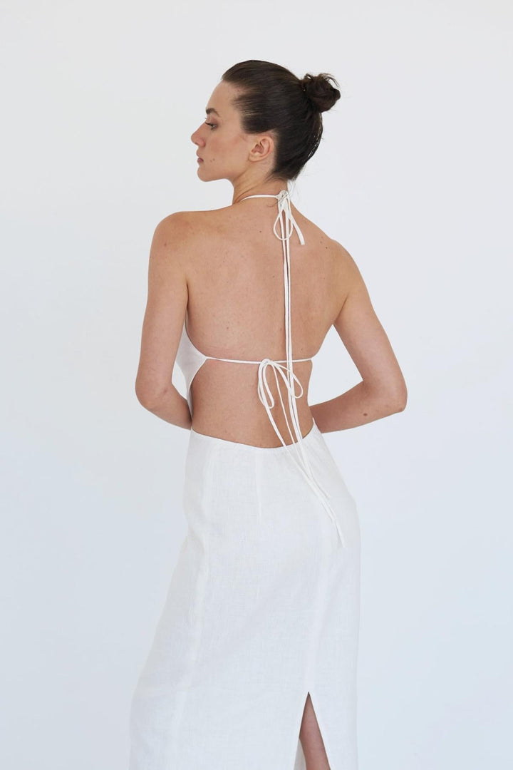 Anne Openback Linen Dress - White - Dresses