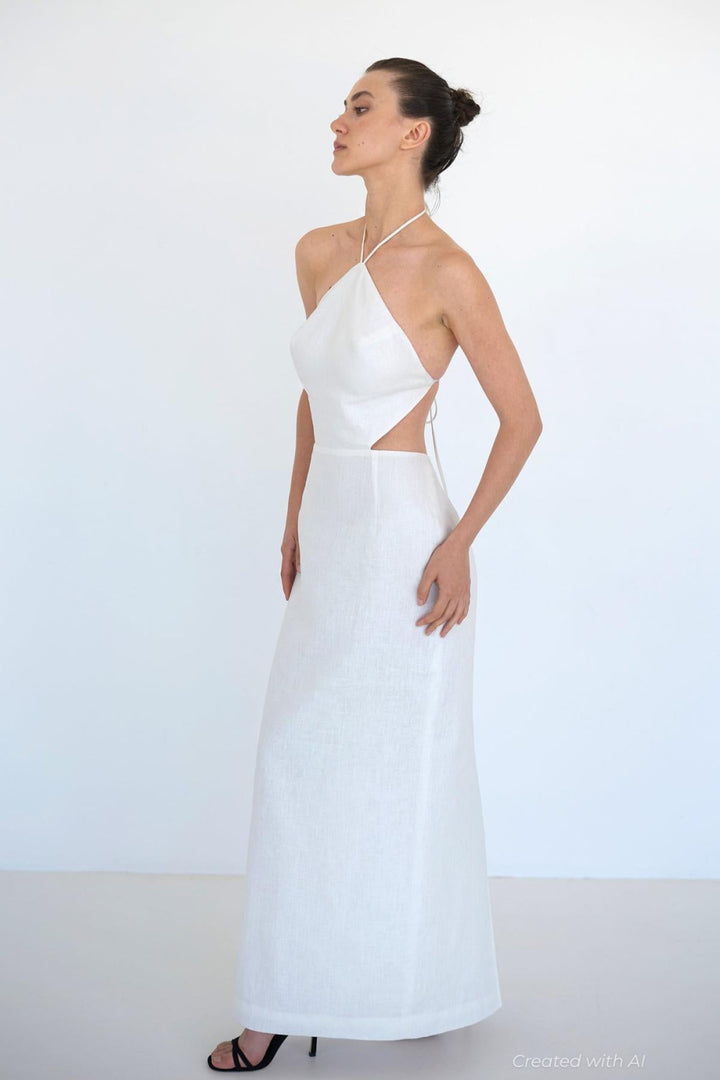Anne Openback Linen Dress - White - Dresses