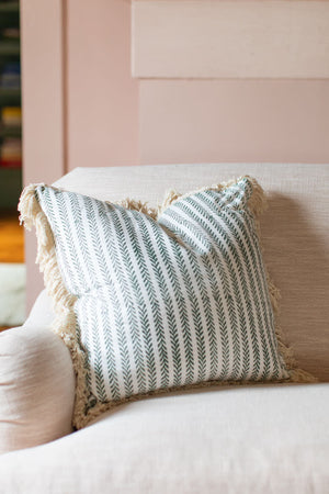 20X20 Linen Pillow Covers with Cotton Fringe - Green Climbing Vines Linen