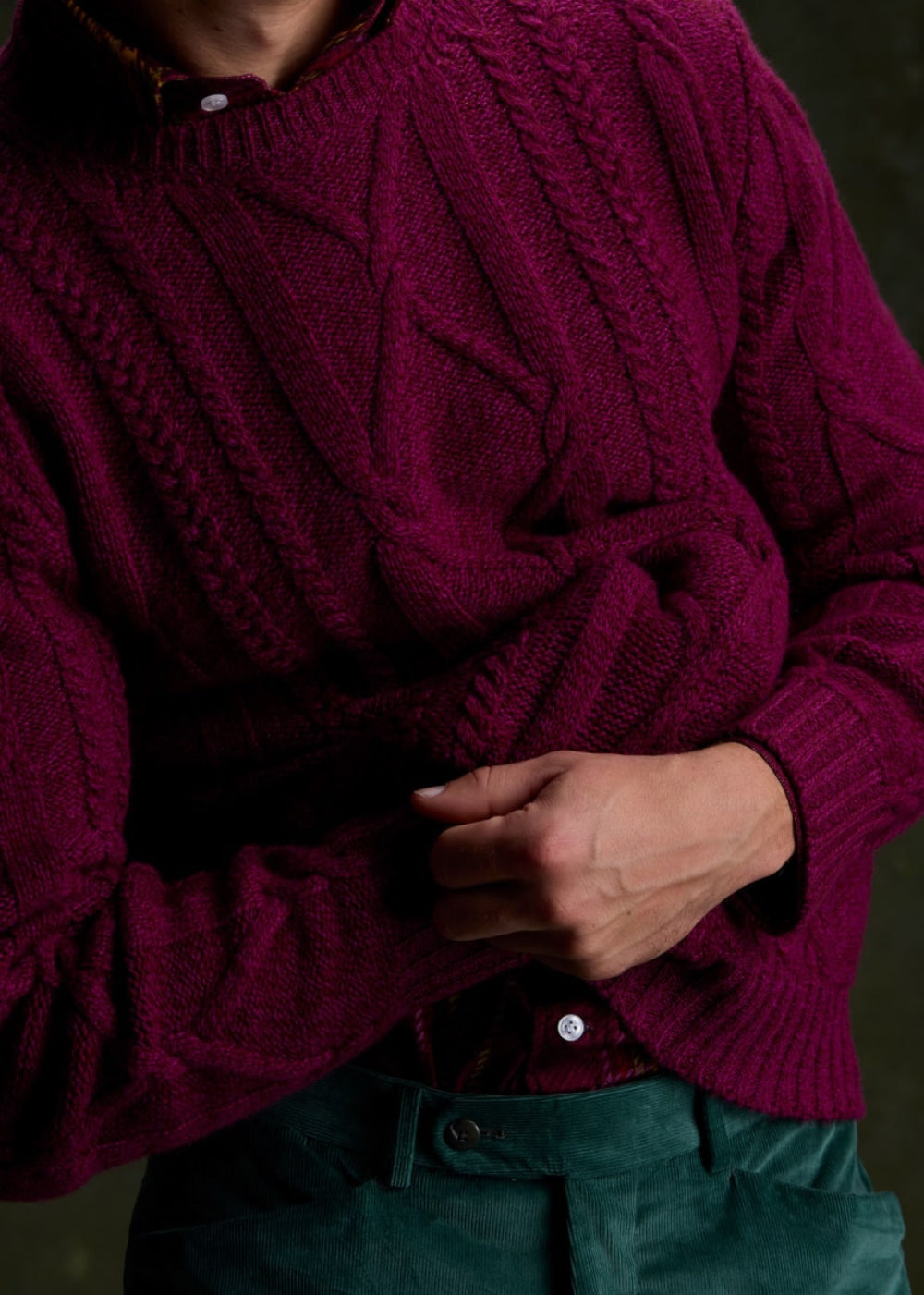 Aran Cable Knit Crewneck Sweater - Plum - Sweater
