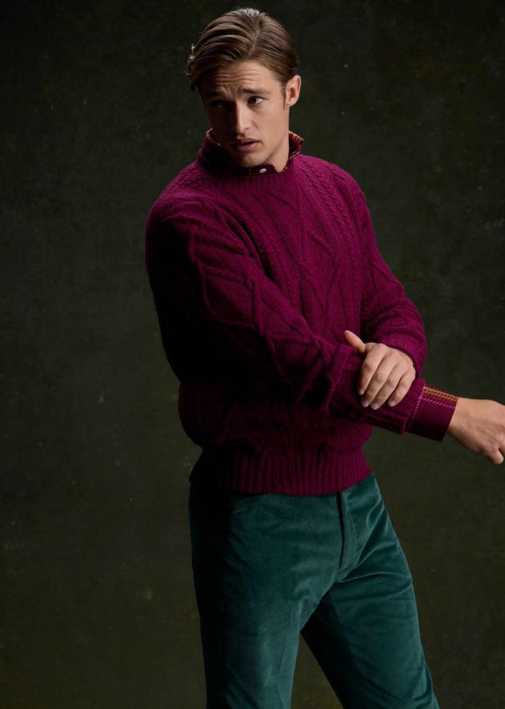 Aran Cable Knit Crewneck Sweater - Plum - Sweater