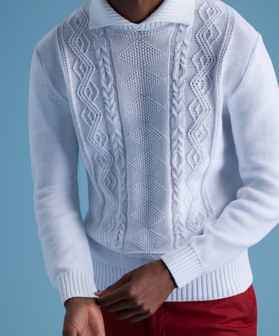 Aran Cable Mock Neck Cotton Sweater - White - Sweater
