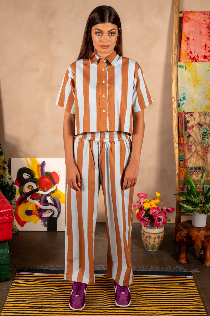 Hand Printed 'Seema' Pants - Blue And Brown Stripes