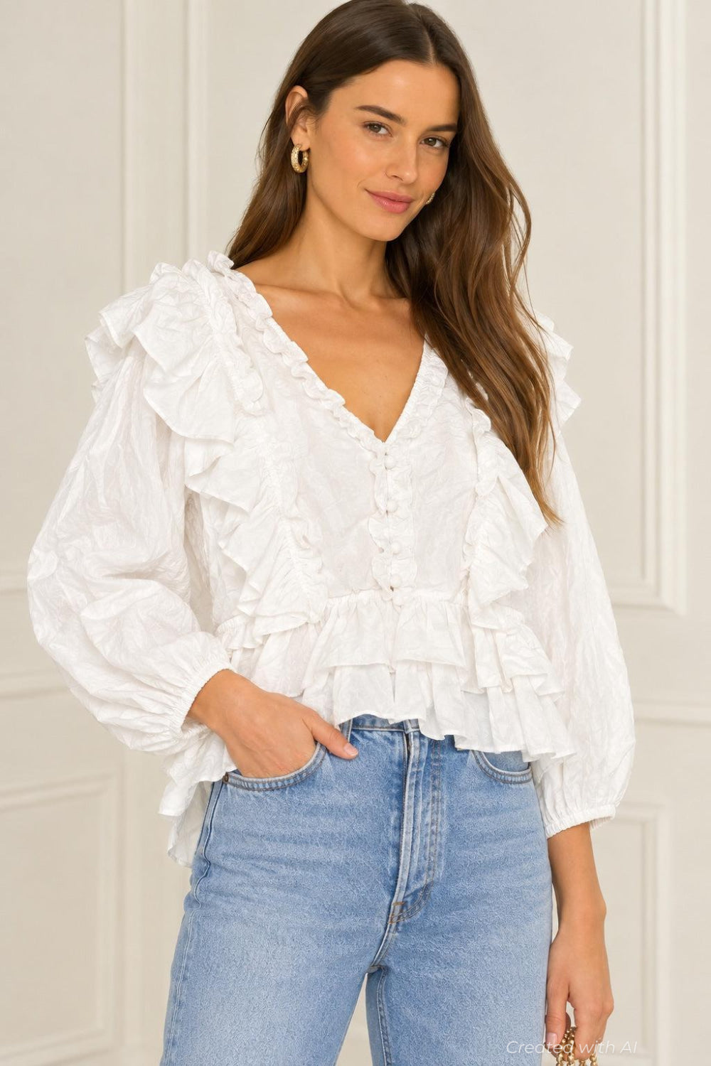 Audrey Ruffle Top - White - Blouse