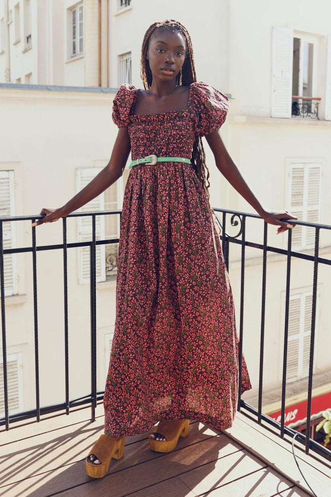 Aurora Puff Sleeve Maxi Dress - Faded Onyx/Light Ruby Floral - FINAL SALE - Dresses