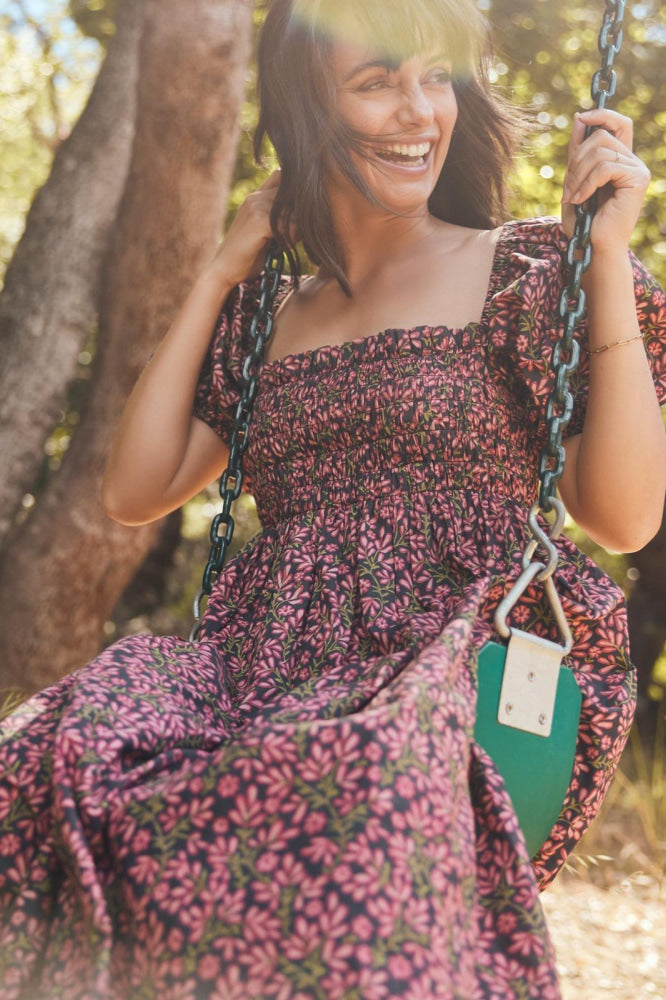 Aurora Puff Sleeve Maxi Dress - Faded Onyx/Light Ruby Floral - FINAL SALE - Dresses