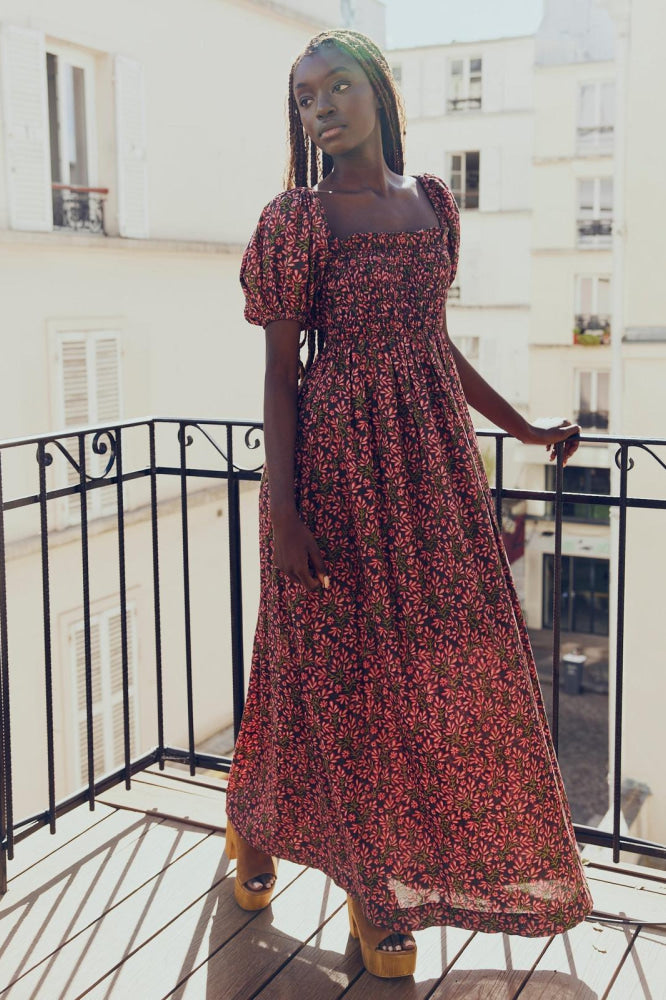 Aurora Puff Sleeve Maxi Dress - Faded Onyx/Light Ruby Floral - FINAL SALE - Dresses