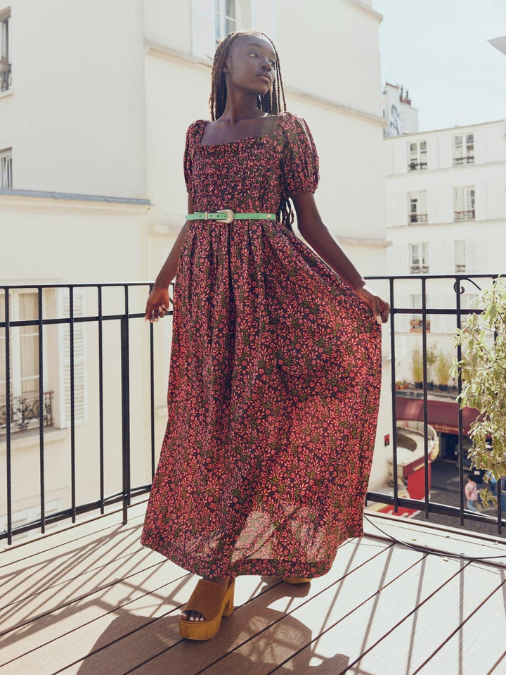Aurora Puff Sleeve Maxi Dress - Faded Onyx/Light Ruby Floral - FINAL SALE - Dresses