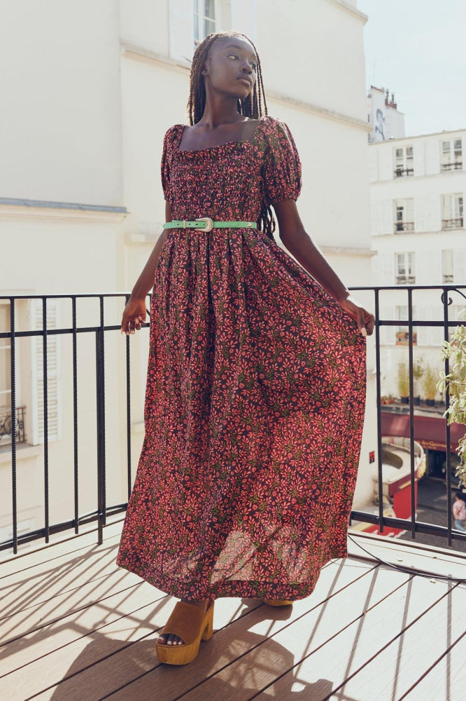Aurora Puff Sleeve Maxi Dress - Faded Onyx/Light Ruby Floral - FINAL SALE - Dresses