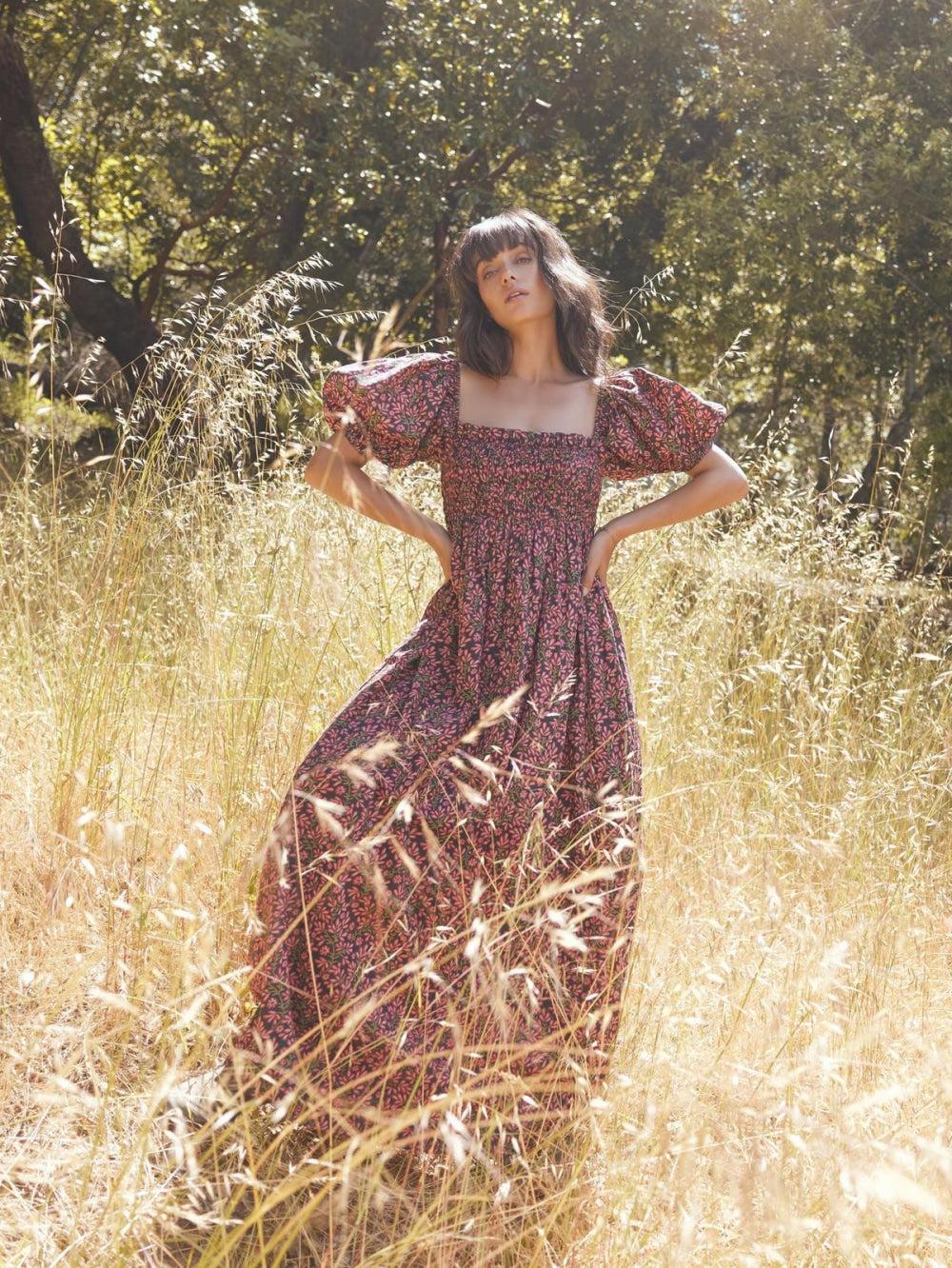 Aurora Puff Sleeve Maxi Dress - Faded Onyx/Light Ruby Floral - FINAL SALE - Dresses