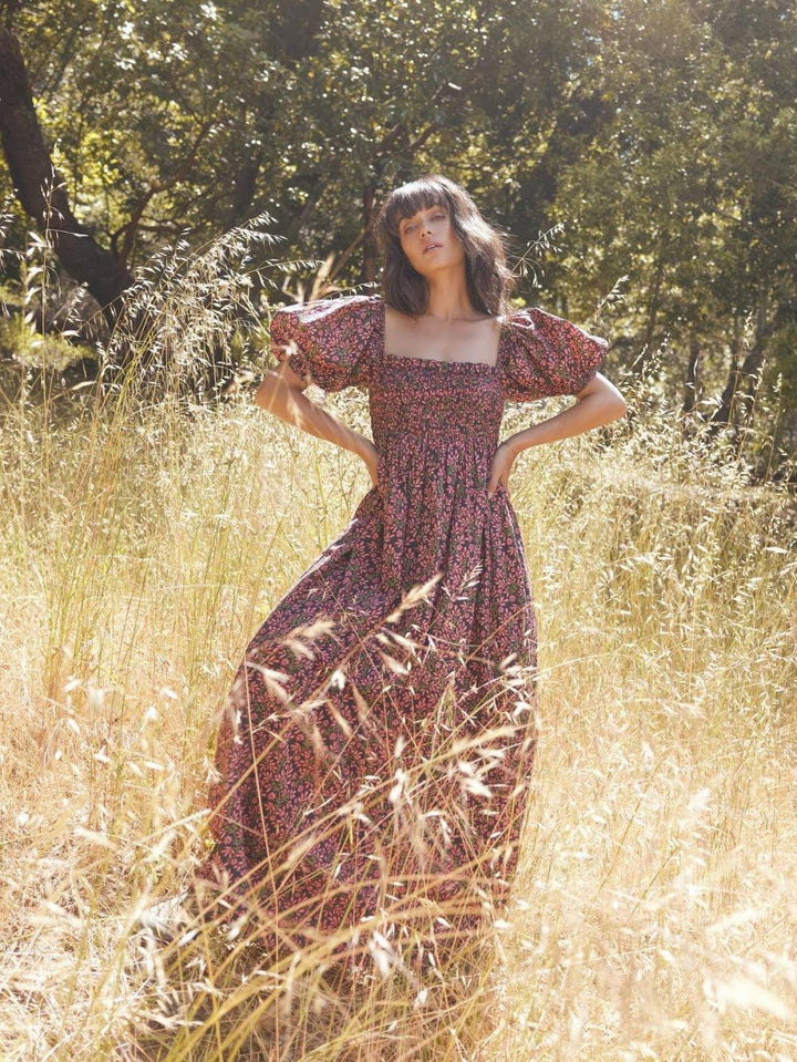 Aurora Puff Sleeve Maxi Dress - Faded Onyx/Light Ruby Floral - FINAL SALE - Dresses