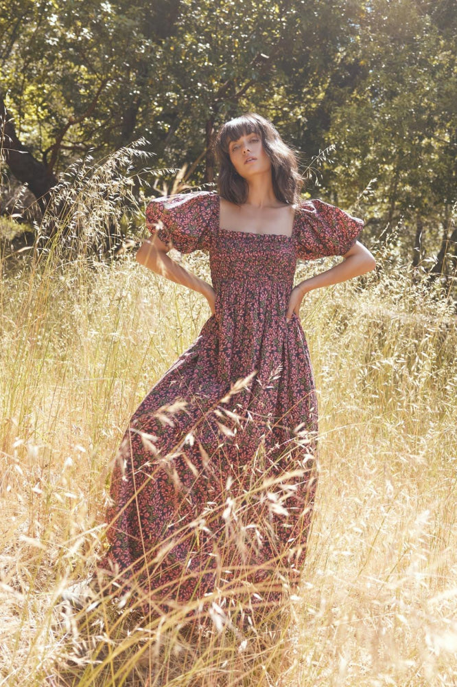 Aurora Puff Sleeve Maxi Dress - Faded Onyx/Light Ruby Floral - FINAL SALE - Dresses