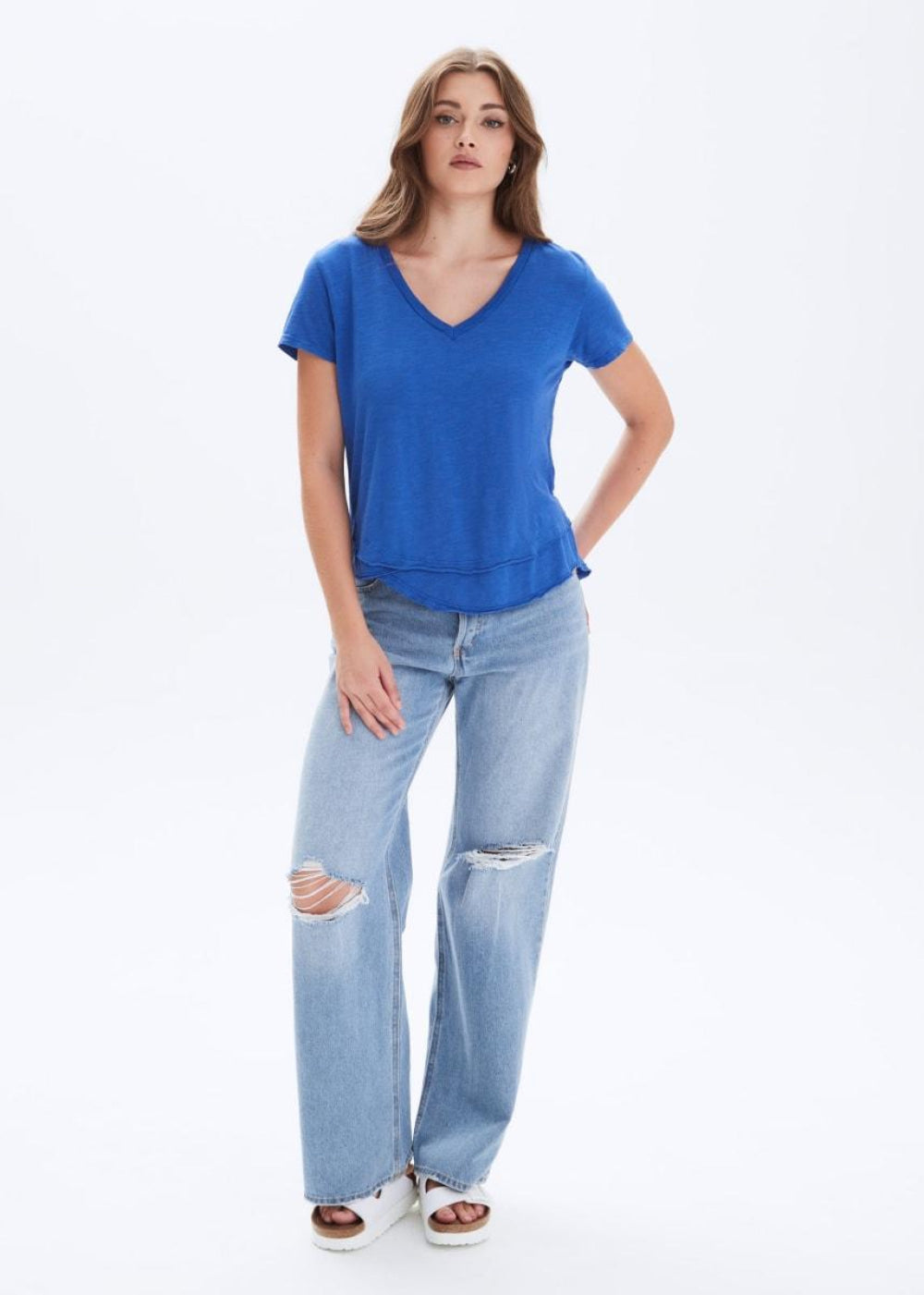 Ava V-Neck Mock Layer T-Shirt - Electric Blue - T-shirt
