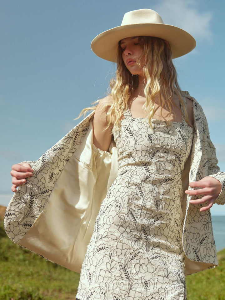 Avery Embroidered Fringe Mini Dress - Sand/Moonless Night Floral Outline Embroidery - FINAL SALE - XS - Dresses