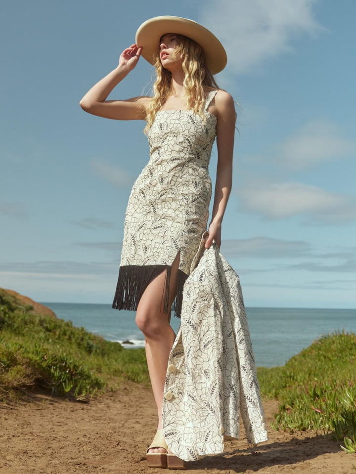 Avery Embroidered Fringe Mini Dress - Sand/Moonless Night Floral Outline Embroidery - FINAL SALE - XS - Dresses