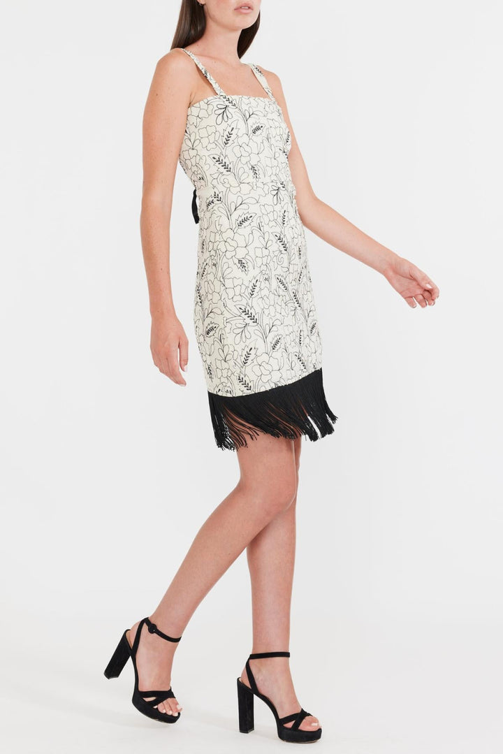 Avery Embroidered Fringe Mini Dress - Sand/Moonless Night Floral Outline Embroidery - FINAL SALE - XS - Dresses
