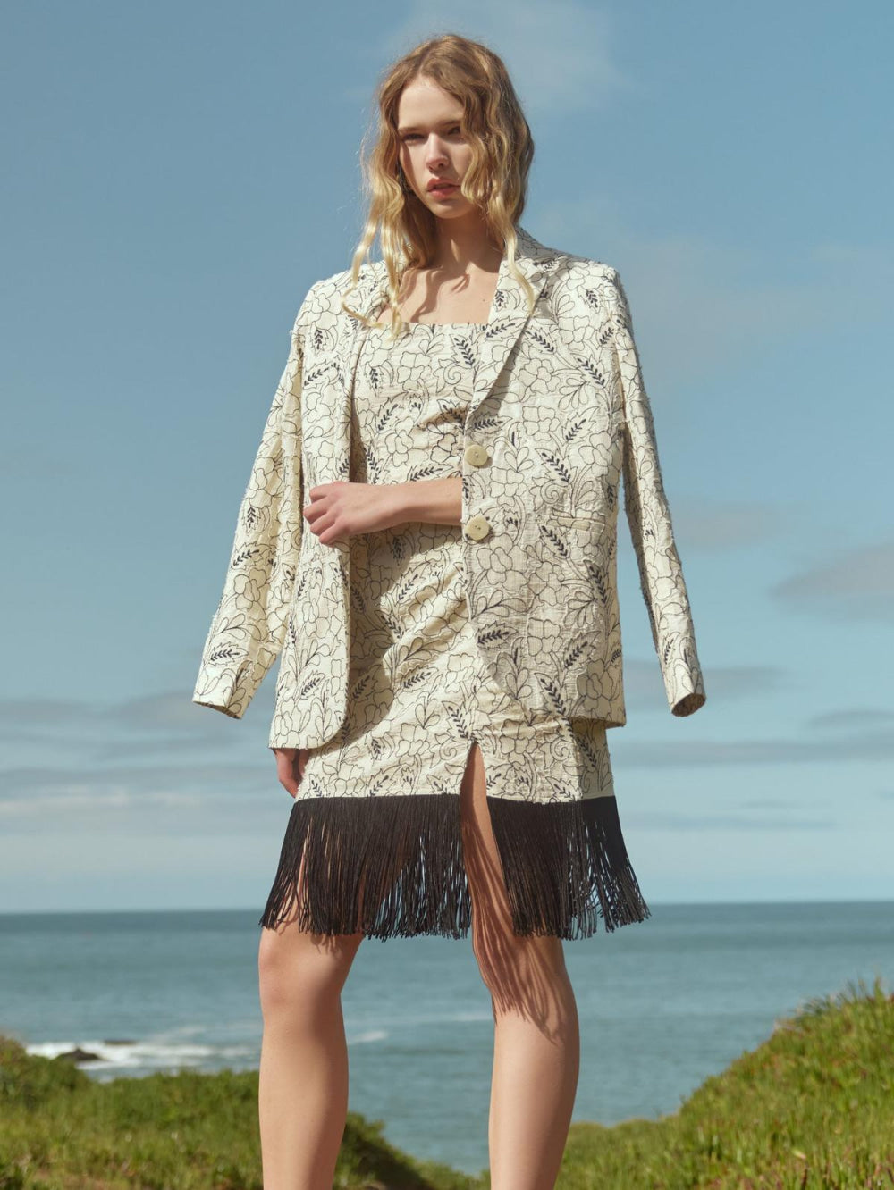 Avery Embroidered Fringe Mini Dress - Sand/Moonless Night Floral Outline Embroidery - FINAL SALE - XS - Dresses