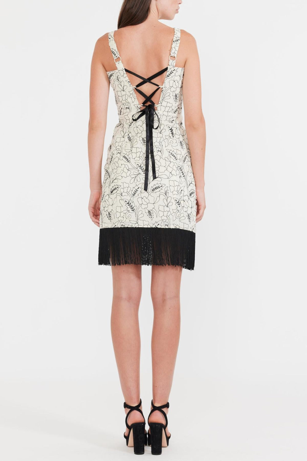 Avery Embroidered Fringe Mini Dress - Sand/Moonless Night Floral Outline Embroidery - FINAL SALE - XS - Dresses