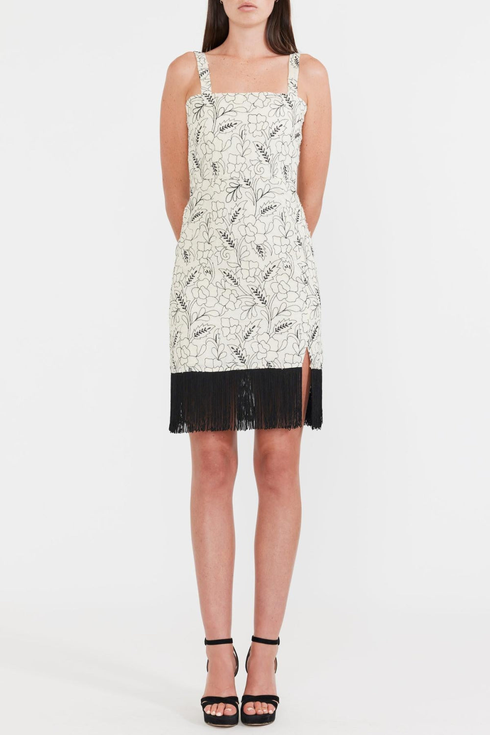 Avery Embroidered Fringe Mini Dress - Sand/Moonless Night Floral Outline Embroidery - FINAL SALE - XS - Dresses