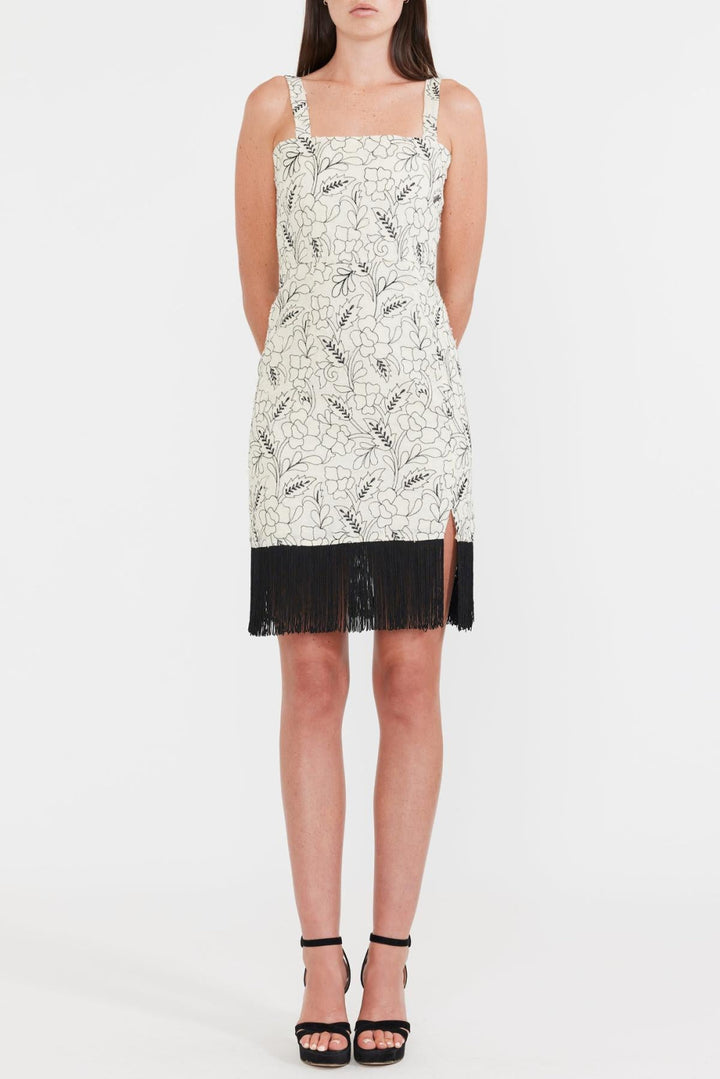 Avery Embroidered Fringe Mini Dress - Sand/Moonless Night Floral Outline Embroidery - FINAL SALE - XS - Dresses