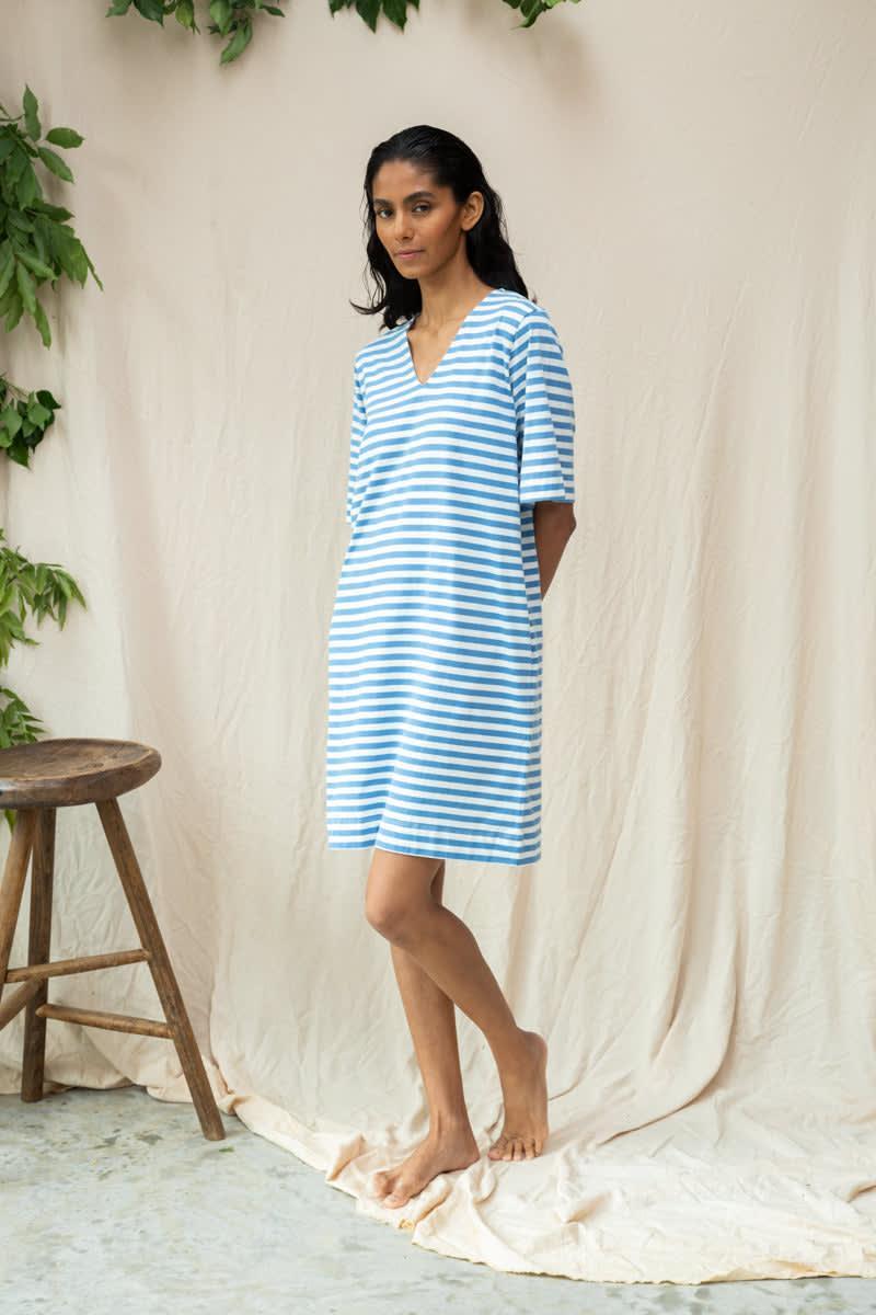 Sasha-Sue Organic Cotton Dress - Sea Blue and White