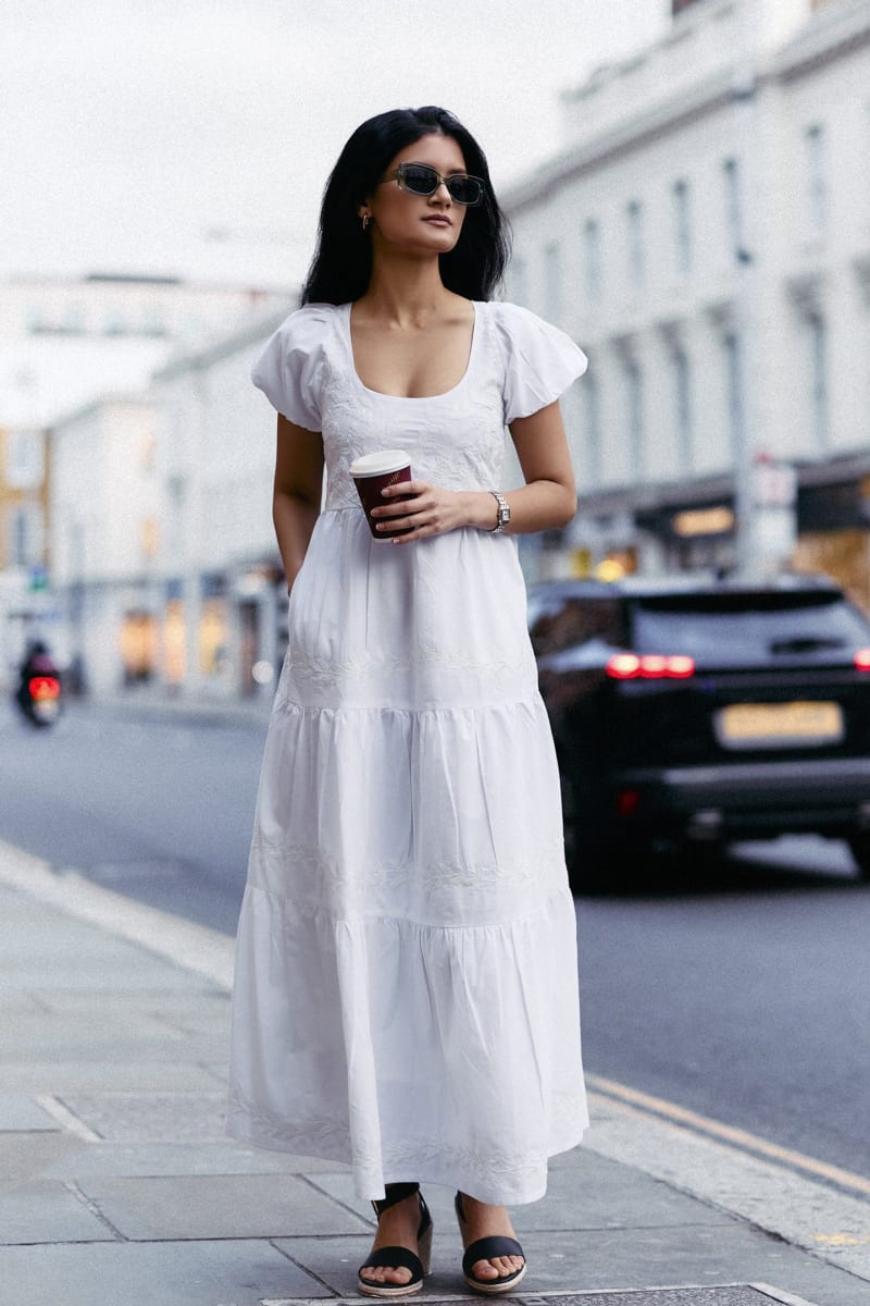 Puff Sleeve Embroidered Tiered Dress - Coconut White