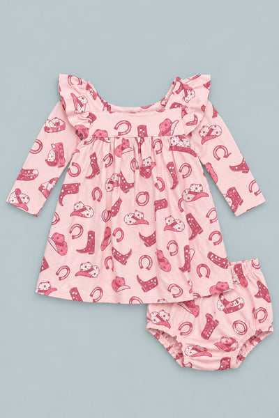 Pink Western Boots Ruffle Dress With Bloomer - Gwen