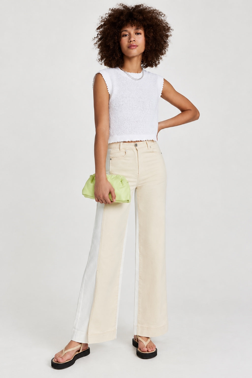 Two-Toned Wide Leg Denim With Slits - Ivory