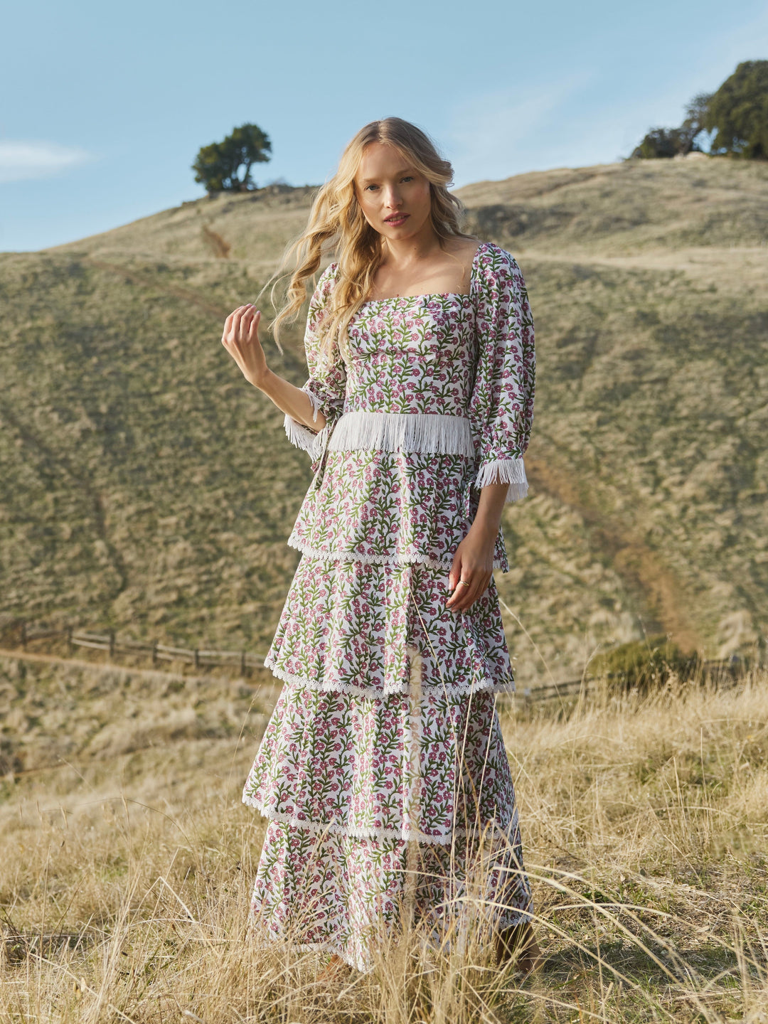 Peyton Puff Sleeve Fringe Top - Ivory/Amaranth Floral