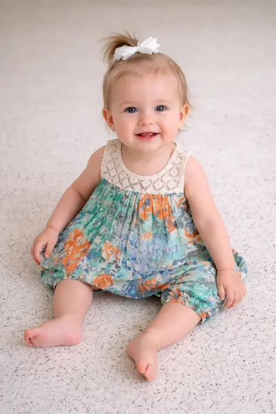 Baby Girls Lace Yoke Romper Dress - Teal Printed - Dresses