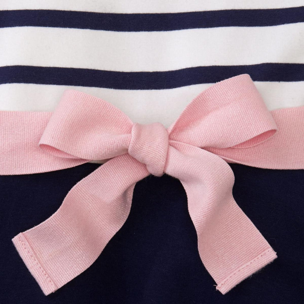 Baby Lightweight Blocked Organic Skater Dress - Navy with Light Pink Ribbon - Dresses