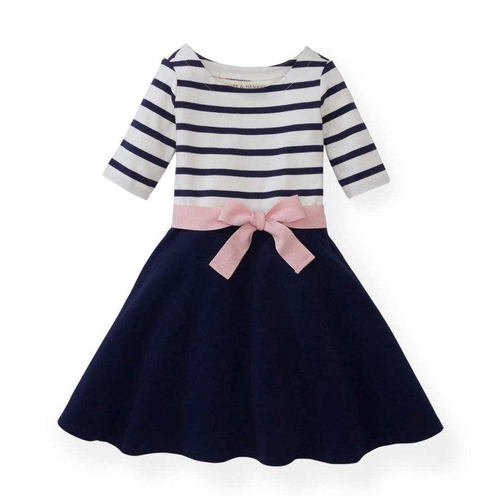 Baby Lightweight Blocked Organic Skater Dress - Navy with Light Pink Ribbon - Dresses