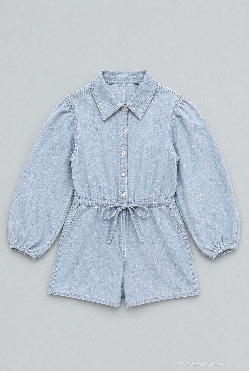 Balloon Sleeve Button Up Romper - Light Blue - Romper
