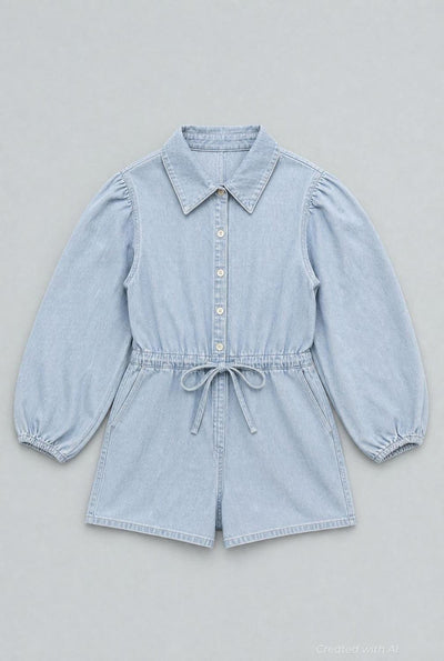 Balloon Sleeve Button Up Romper - Light Blue - Romper