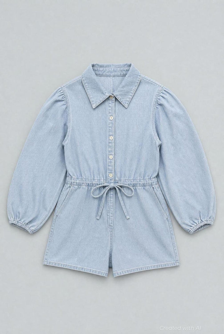 Balloon Sleeve Button Up Romper - Light Blue - Romper