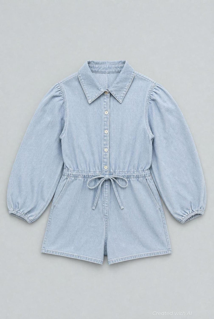 Balloon Sleeve Button Up Romper - Light Blue - Romper