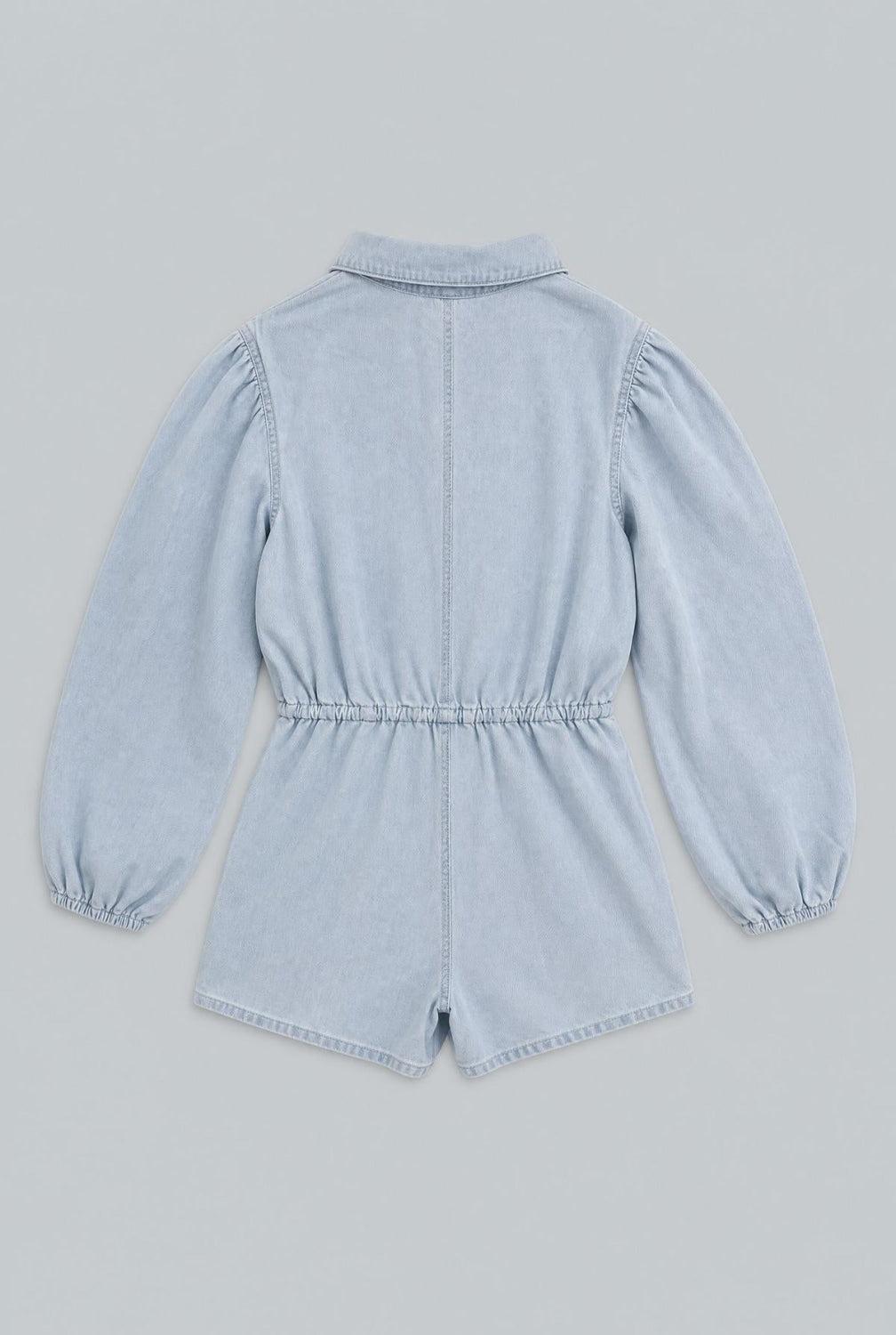 Balloon Sleeve Button Up Romper - Light Blue - Romper