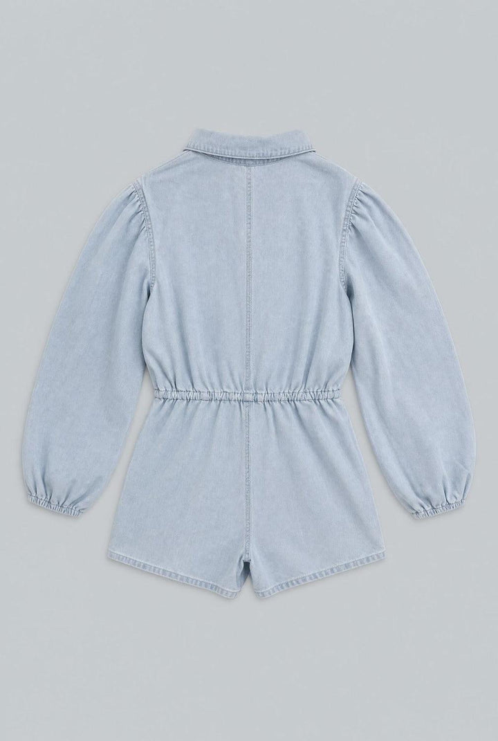 Balloon Sleeve Button Up Romper - Light Blue - Romper