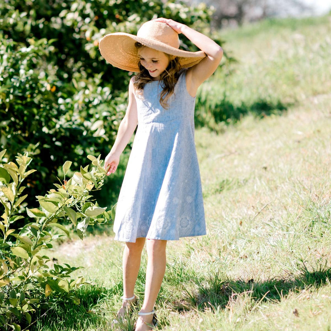 Fit and Flare Dress with Embroidered Hem - Blue Micro Stripe