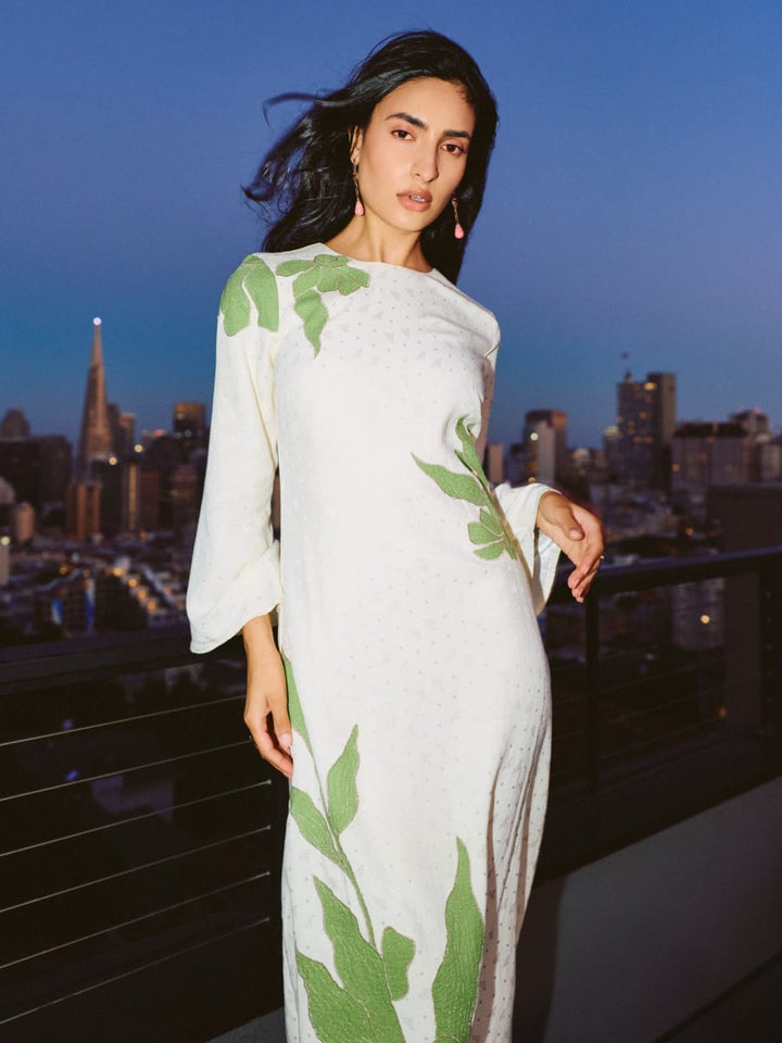 Ariana Dress - Ivory With Green Applique