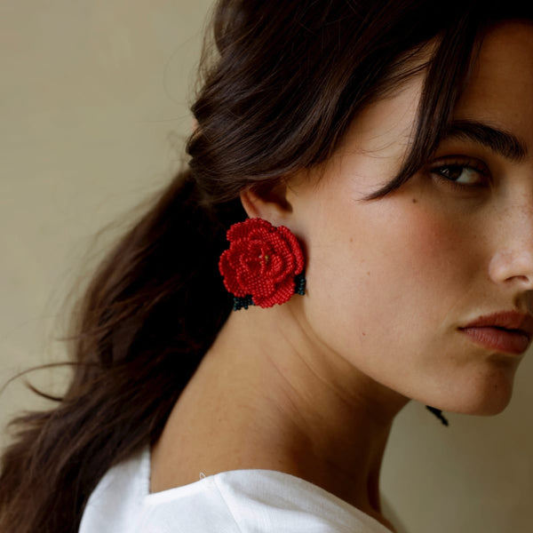 Beaded Asymmetrical Earrings - Red - One Size - Earrings