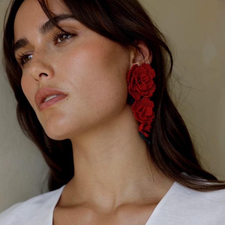 Beaded Asymmetrical Earrings - Red - One Size - Earrings